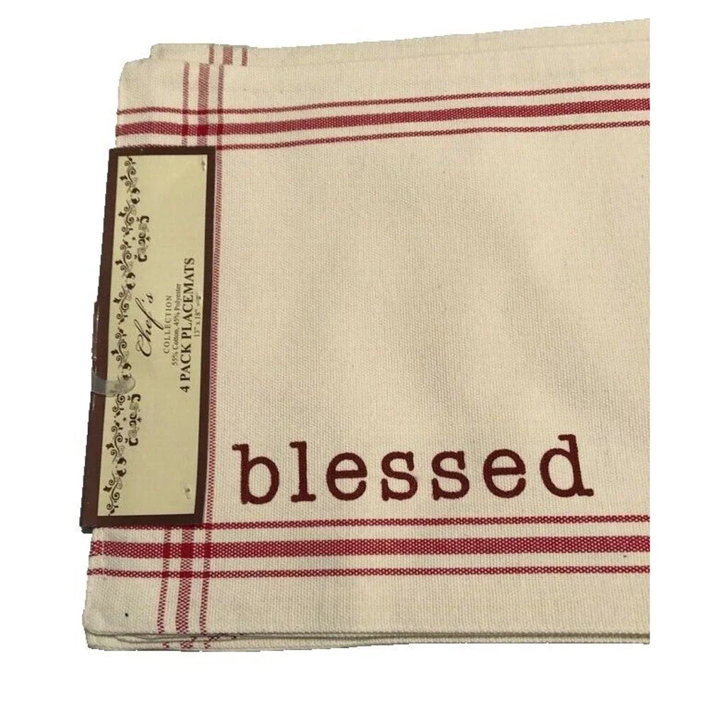 Chef's Collection Blessed Fabric Placemats Set of 4 Ecru Red Machine Wash
